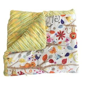 Handmade Baby Quilt 42x36" White Yellow Jungle Safari Animals Cotton Hand Tied